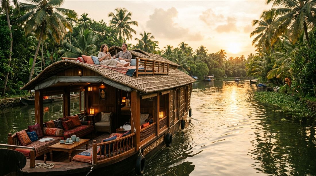 A couple relaxing on the roof of a traditional Kerala houseboat drifting through palm-lined backwaters at sunset