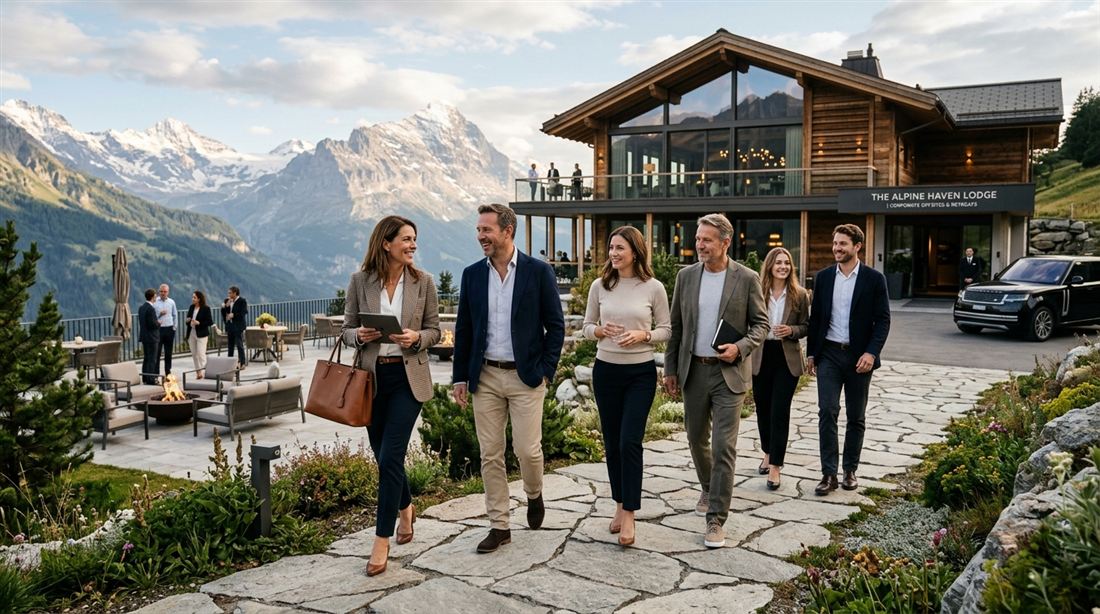 A business team arriving at an alpine lodge for a corporate retreat, snow-capped mountains behind