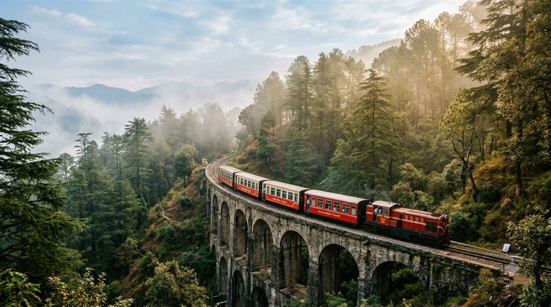 The Kalka–Shimla toy train crossing a stone arch bridge in Himachal Pradesh