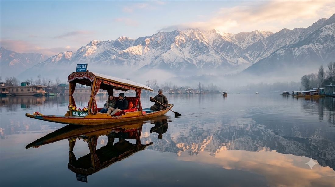 A shikara boat on Dal Lake in Srinagar, Kashmir