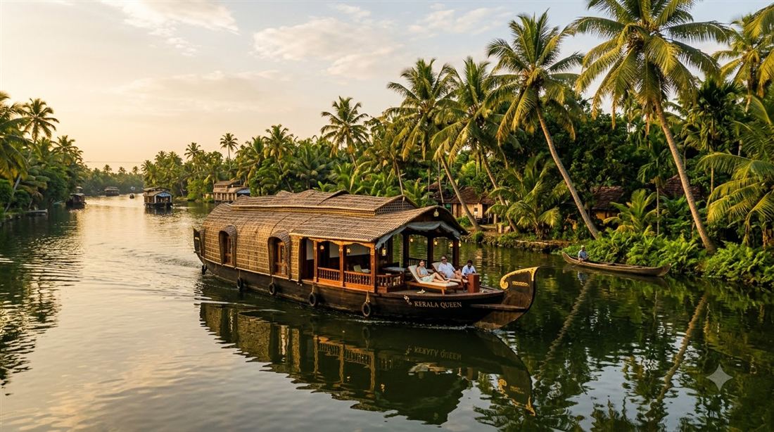 A houseboat cruising the palm-lined Alleppey backwaters in Kerala