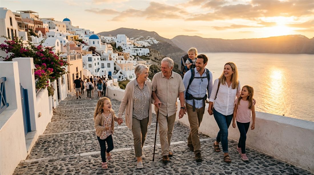 Three generations of a family laughing together on a cobbled lane in Santorini at sunset