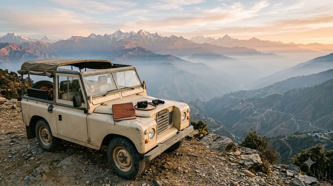 A vintage vehicle on a Himalayan mountain road with snow-capped peaks in the distance