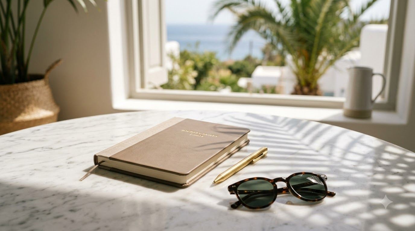 A travel planning desk with an open notebook, glasses and a cup of coffee