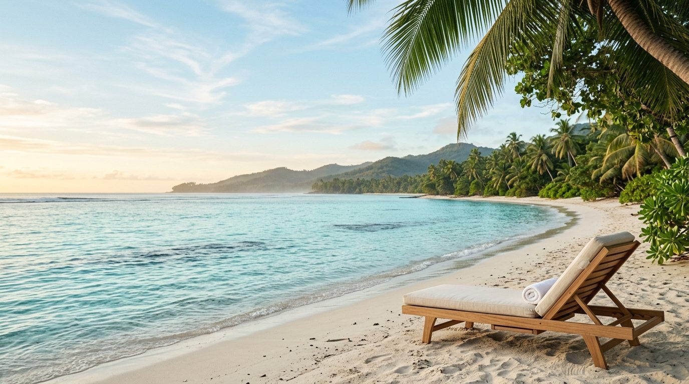 A quiet tropical beach at sunrise with a wooden lounger under palm trees