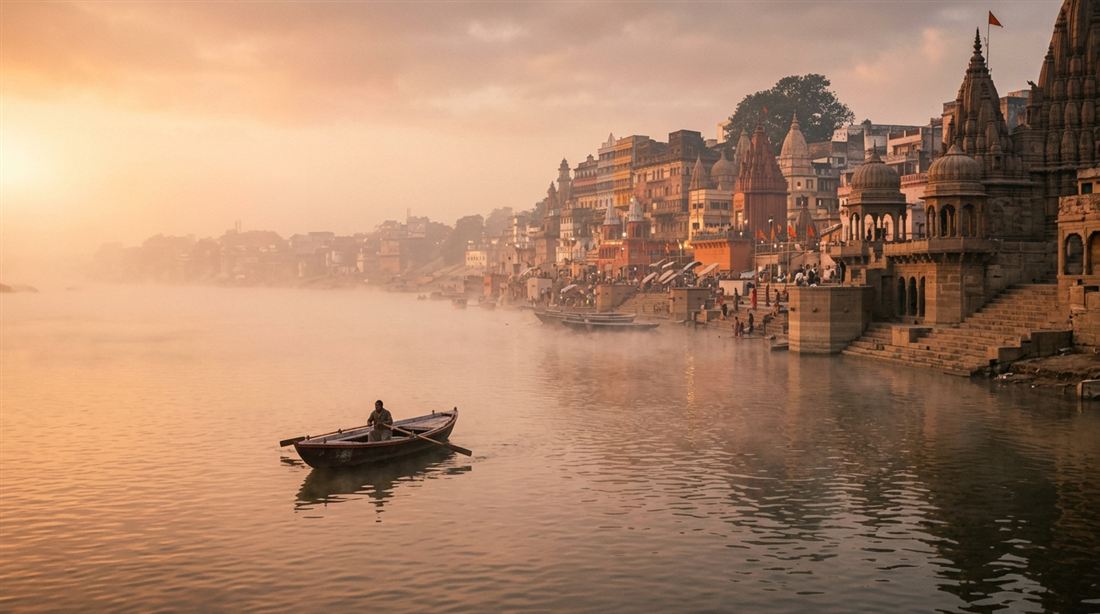 A lone boatman on the Ganges at dawn with the misty ghats and temples of Varanasi behind him