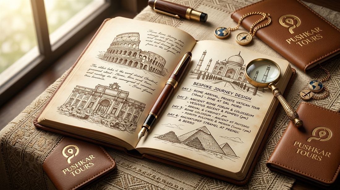 A hand-illustrated Pushkar Tours journey journal with a day-by-day bespoke itinerary, fountain pen and travel keepsakes